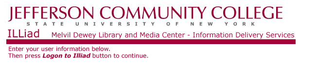 Jefferson Community College,
           State University of New York,Illiad, Melvil Dewey Library and Media Center - Information Delivery Services